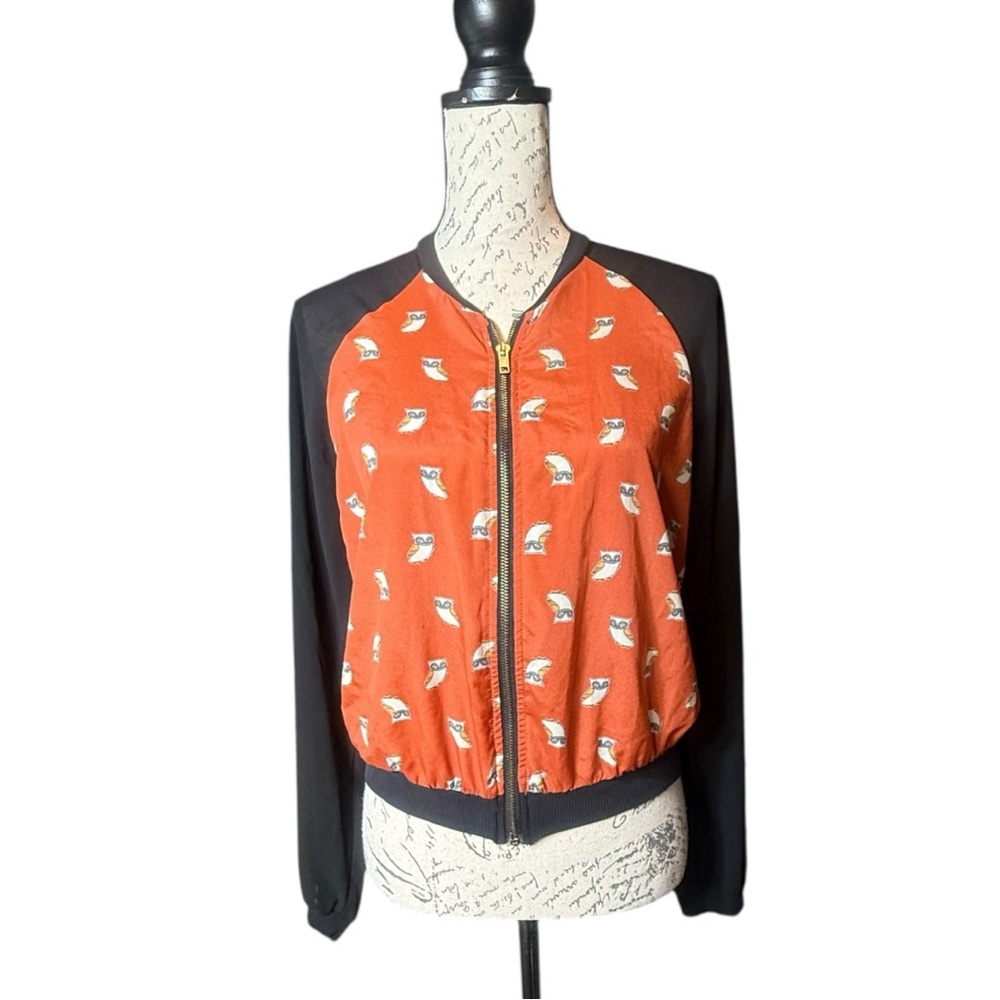Mustard Seed Orange and Black Bomber Jacket with Owl Print